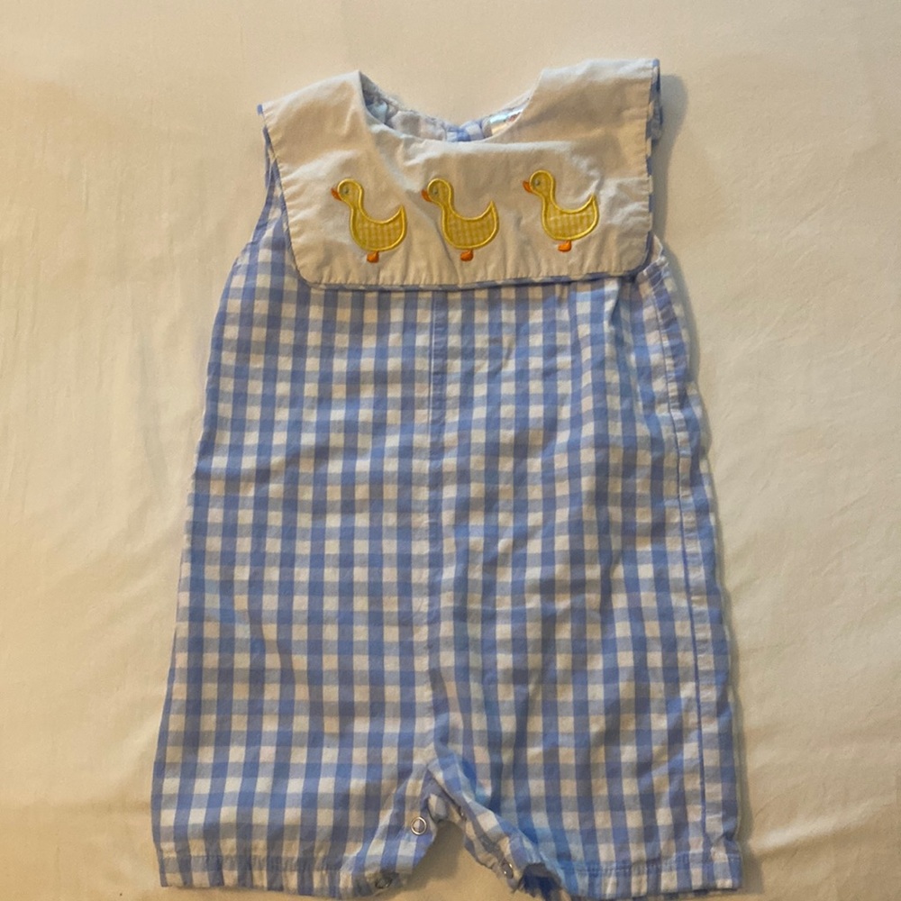 Blue Gingham Duck Applique Kids One-Piece